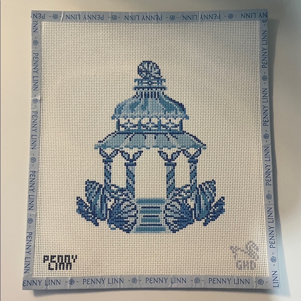 Penny Linn Blue Shells Pagoda Needlepoint Canvas by Grey Hall Designs w/ thread - Picture 2 of 4